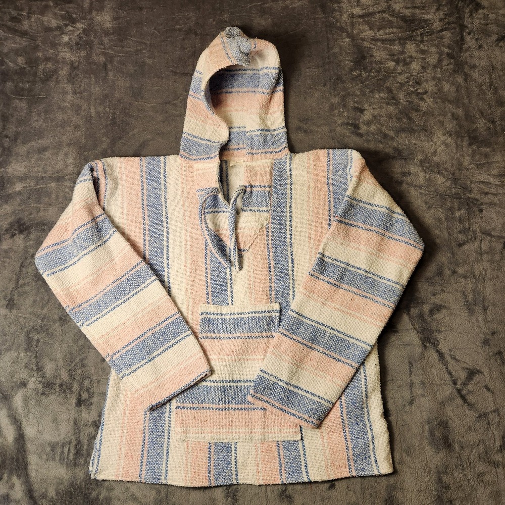 Artesanias FR Vintage Mexican Baja Hoodie Pastel Pink Blue Striped Drug Rug Sz L